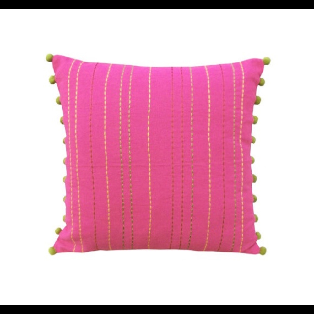 Hot pink 16" stitched cotton pillow cover w/pompom